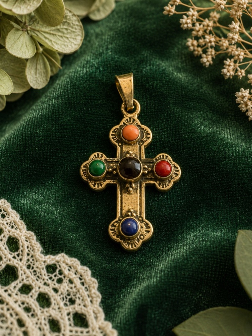 Gorgeous Vintage 925 Multicolor Gemstones Cross Pendant